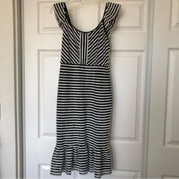 Bcbgmaxazria Striped Ruffled Sheath Dress - Black M